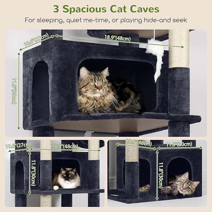 Globlazer Sturdy Cat Tree for Large Cats, 77 inch Large Cat Climbing Tower for Indoor Adult Cats, Cat Scratching Tower with 5 Scratching Posts, 3 Cat Condos, 2 Top Perches, S77, Dark Grey-PawvioPets