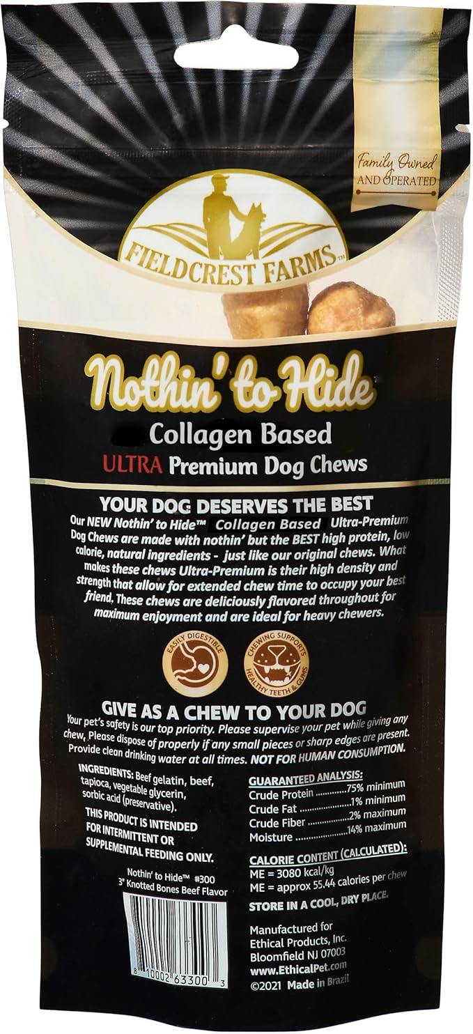 Fieldcrest Farms Nothin' to Hide 3 inch Ultra Knotted Bone Treats - Natural Rawhide Alternative Treats for Dogs, Collagen Based Snack for Heavy Chewers up to 15lbs - Beef Flavor, 12 Pack-PawvioPets
