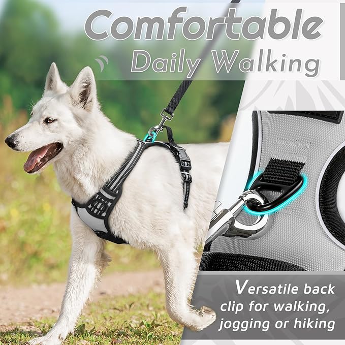 Eagloo Dog Harness Medium Sized Dog, No Pull Service Vest with Reflective Strips and Control Handle, Adjustable and Comfortable for Easy Walking, No Choke Pet Harness with 2 Metal Rings, Grey, M-PawvioPets