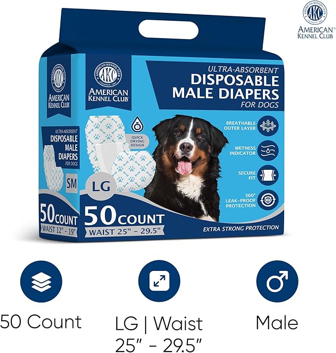 American Kennel Club Male Dog Wrap, Disposable Diapers with Wetness Indicator, Large, 50 Count (Pack of 6)-PawvioPets