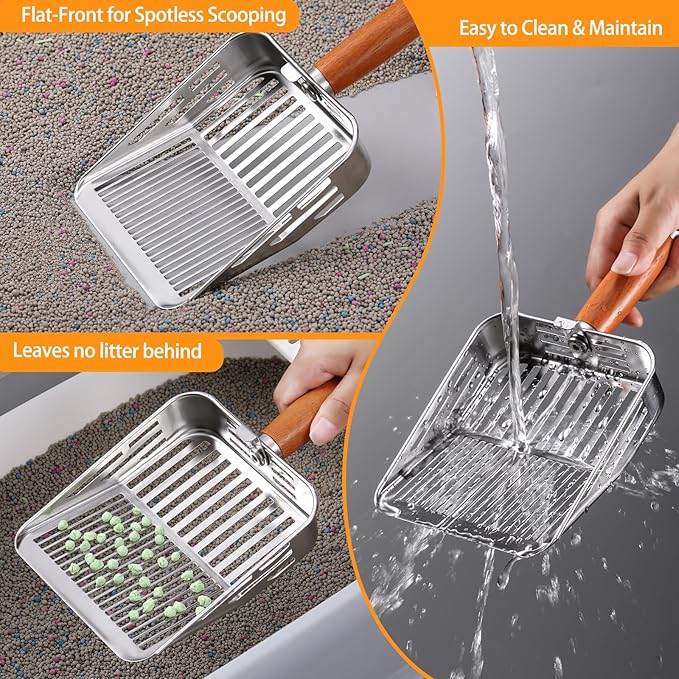 304 Stainless Steel Cat Litter Scoop, One-Piece Pressed Design with No Weld Spots, Durable Anti-Break Handle, Dual Slot Sizes, Easy to Clean, Filters Small Litter Clumps Litter Scoop-PawvioPets