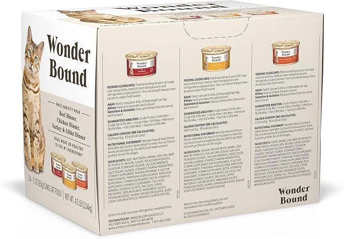 Amazon Brand - Wonder Bound Wet Cat Food, Pate, No Added Grain, Variety Pack (Beef/Chicken/Turkey & Giblet), 3 ounce (Pack of 24)-PawvioPets