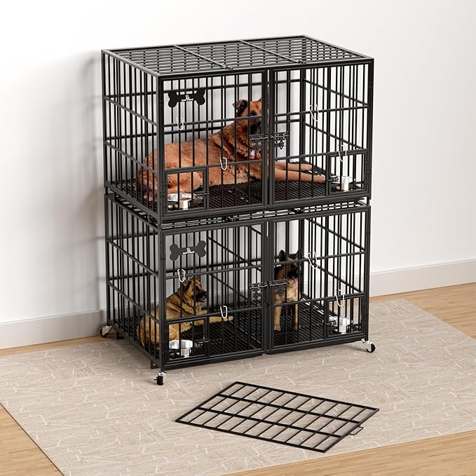 aboxoo 48 inch Stackable Heavy Duty Metal Dog Crate for 4 Dogs/Large Dog,All Metal Open Top Access,Escape Proof Cage,Dog Kennel Indoor with Wheels,Floor Grid, Tray, Divider and Feeding Bowl-PawvioPets