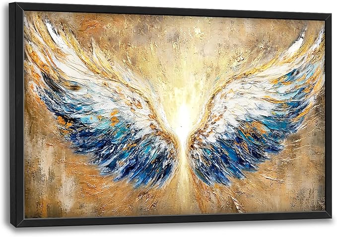 Extra Large Angel Wings Framed Wall Art for Living Room,Oversized Golden Wings Pictures Wall Decor,Holy Gold Blue Canvas Print Painting Modern Artwork Bedroom Office Bathroom 36L" x 24W"-PawvioPets