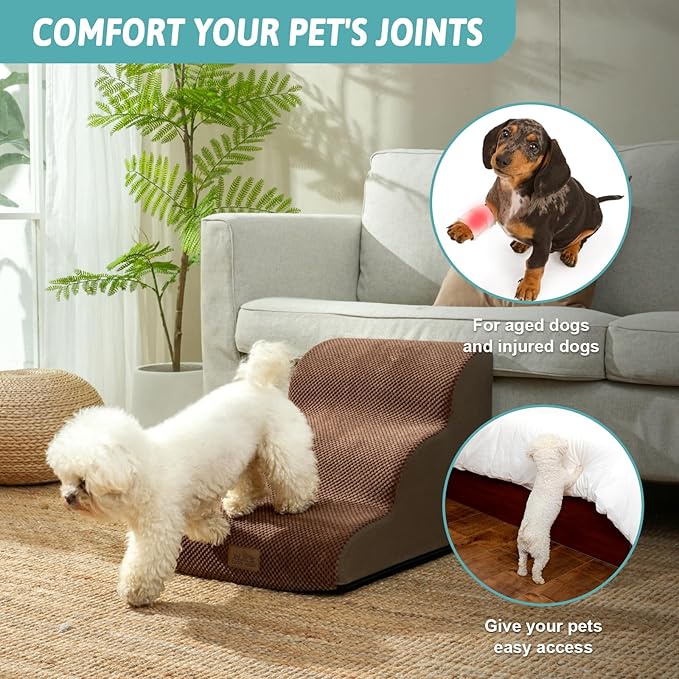 Dog Stairs for Small Dogs 15.7" H, Curved Dog Step for Puppy, Older Cat, Medium Pet Ramp for Sofa, Couch or Chair, Ladder with High Density Foam, 15.7x22.4x15.7 inch, 3 Step, Brown-PawvioPets