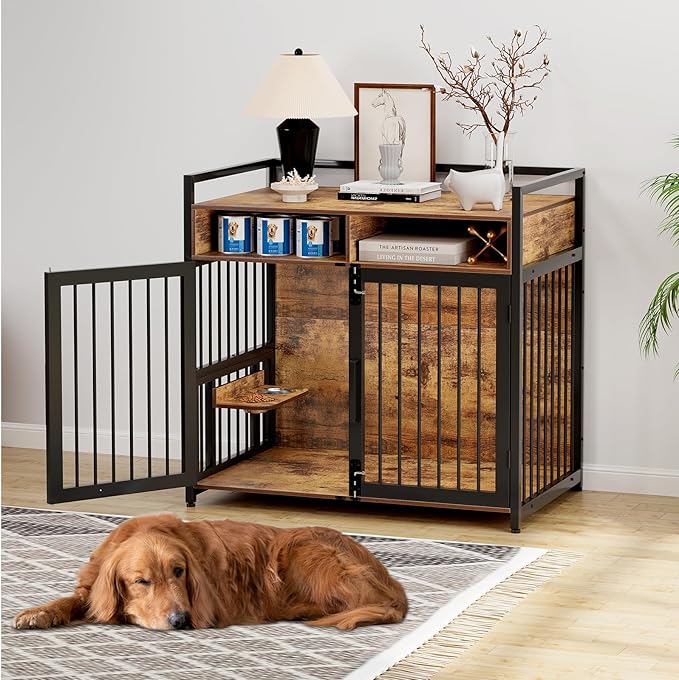 Furniture Style Dog Crate with Storage, 48 Inch Dog Crate Furniture with Double Doors, 2 Stainless Steel Bowls, Dog Crate Furniture-Style Crate for Large/Medium Dog-PawvioPets