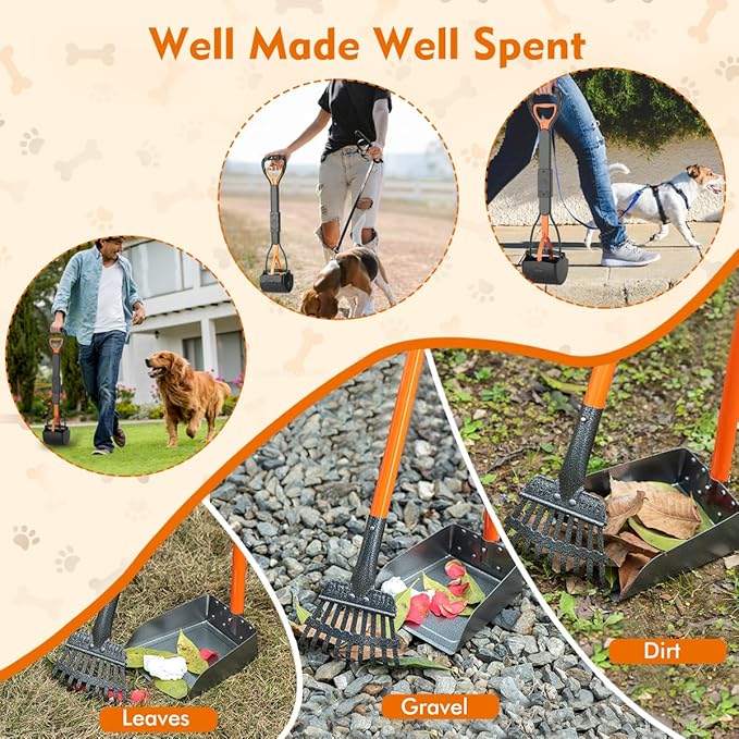 28" Pooper Scooper and 38" Heavy Duty Stainless Steel Rake & Tray Set, 3 in 1 Portable Dog Pooper Scooper Set for Large Medium Small Dogs in Grass, Dirt or Gravel-PawvioPets