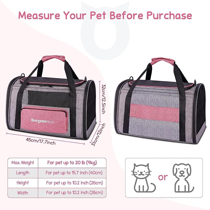 BurgeonNest Cat Carriers for Medium Puppy Under 25 lbs, Pet Carrier for Cats with Unique Side Bag,Top Load Small Pet Bag Soft-Sided Escape Proof with 4 Ventilated Windows-PawvioPets