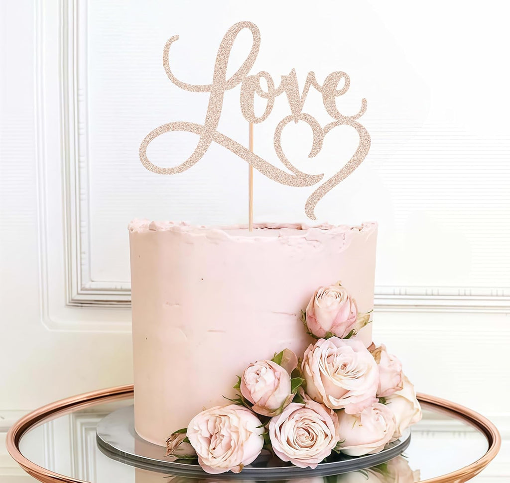 Love Cake Topper - Rose Gold Glitter Paper Wedding Cake Decoration Supplies, Perfect for Bridal Shower/Engagement/Anniversary/Birthday Party