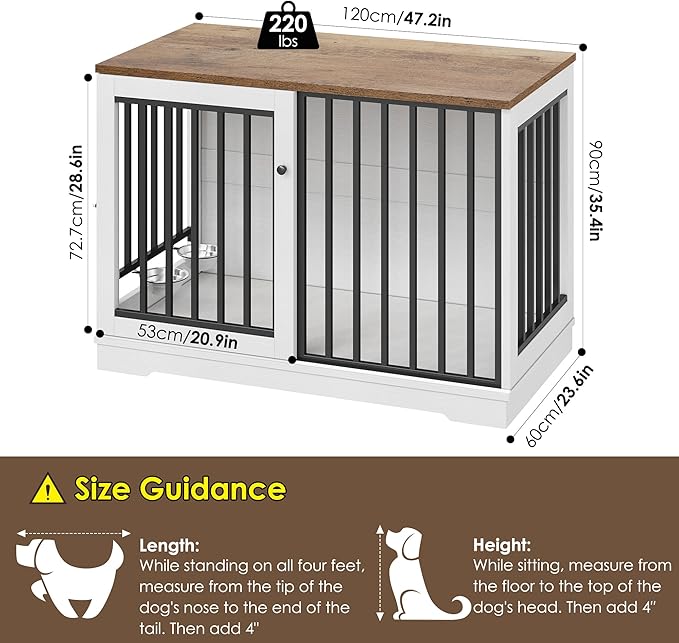 Dog Crate Furniture 47" Large Dog Kennel for Dogs Indoor, Heavy Duty Dog Cage with Sliding Door and 2 SUS Bowls Wooden End Table in Living Room for Small Medium Large Dogs, White-PawvioPets