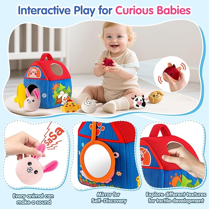 Baby Toys 6-12 Months, Barn with Stuffed Farm Animals, Montessori Toy for Babies, Sensory Toys for Toddlers 1-3, Portable Baby Farmhouse Toy, Birthday Gift for Infants & Toddlers-PawvioPets