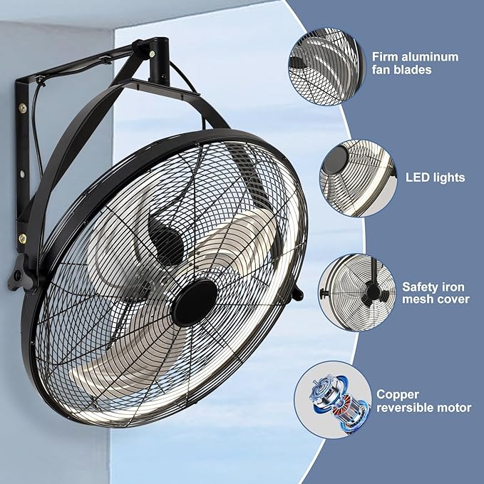 16 inch Wall Mount Fan with Lights and Remote,6-Speed Gazebo Ceiling Fan Adjustable Tilt Dimmable Wall Fan,High Velocity Industrial Outdoor Fans for Patio,Garage,Commercial,Black-PawvioPets