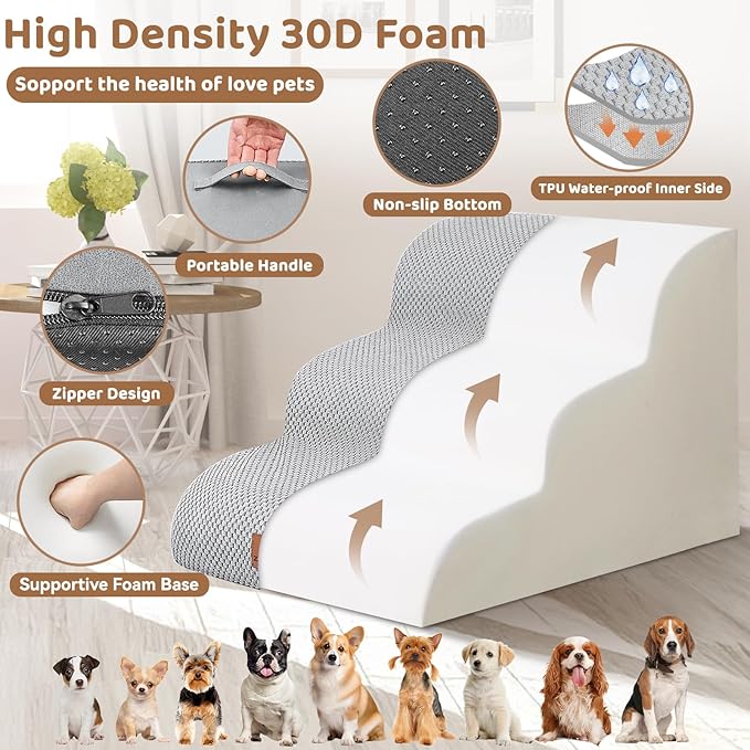 Dog Ramp and Stair for Bed 16" H-20 H,3-Step Cat Stair for Sofa and Chair,4-Step Dog Ramp for High Bed and Window,Durable Nonslip Fabric Cover for Indoor (Light Grey-16 H, Pet Friendly, 3)-PawvioPets