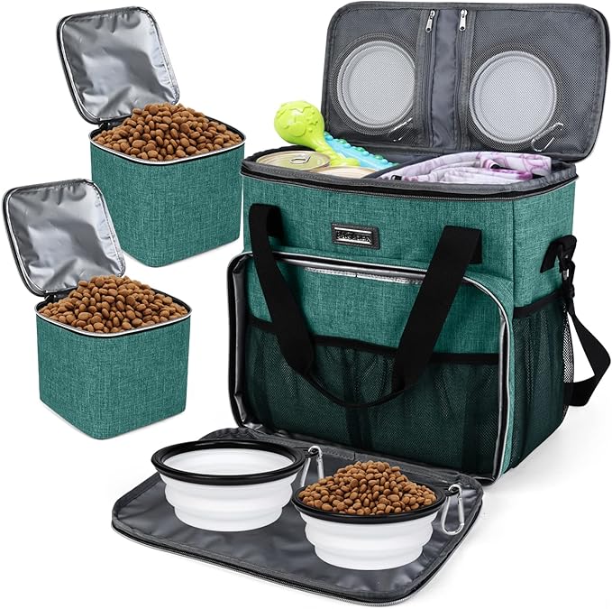 BAGLHER Pet Travel Set Airline-Approved Carrier for Small/Medium Cats & Dogs + Travel Bag with Food Containers & Silicone Bowls, Grey & Green-PawvioPets