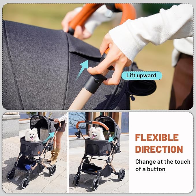 EchoSmile Small Medium Dogs Stroller 4-Wheel Pet Strollers for Medium Dogs Up to 50lbs, One Click Folding Large Cat Stroller, Reversible Handle, Shock Absorbing Wheels, Removable Washable Pad-PawvioPets