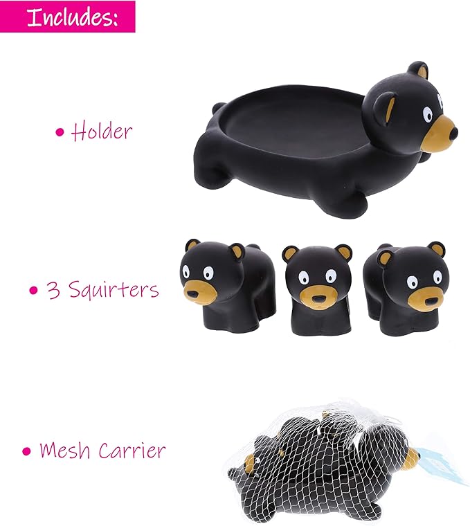 DolliBu Black Bear Animal Bath Toys - Family Animal Water Squirter for Kids, 4-Piece Kid and Baby Bathtub Toys, Fun Bath Time Children, Floating Bath Tub Decor, Rubber Animal Bath Toys, Squirt Toys-PawvioPets