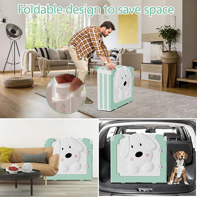 Foldable Dog Play Pen Indoors, Non-Slip Sturdy Puppy Playpen with Door, 25.5" H 10-Panel Adjustable Shape Dog Fence Pen for Small/Medium Dogs, Thickened, Easy to Store, White+Green-PawvioPets