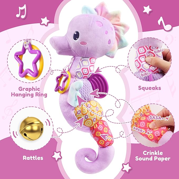 Baby Toys 0-6-12 Months,Musical Stuffed Animals Activity Soft Infant Toys with Multi-Sensory Crinkle, Rattle and Textures,Boys Newborn Baby Girl Toys, Seahorse, Purple-PawvioPets