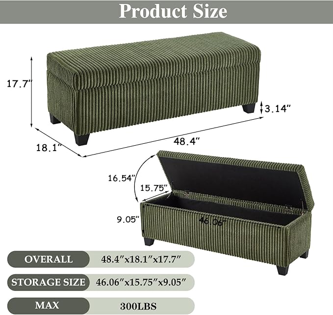 48" Green Ottoman with Storage, Corduroy Storage Ottoman Bench for Bedroom, End of Bed Bench with Safety Hinge for Living Room, Entryway-PawvioPets
