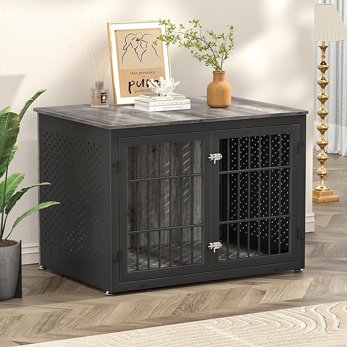 42" Heavy Duty Dog Crate Furniture for Large and Medium Dogs, Enclosed Design Wooden Metal Kennel, Wooden Cage Furniture Indoor, Decorative Dog Kennel End Table-PawvioPets