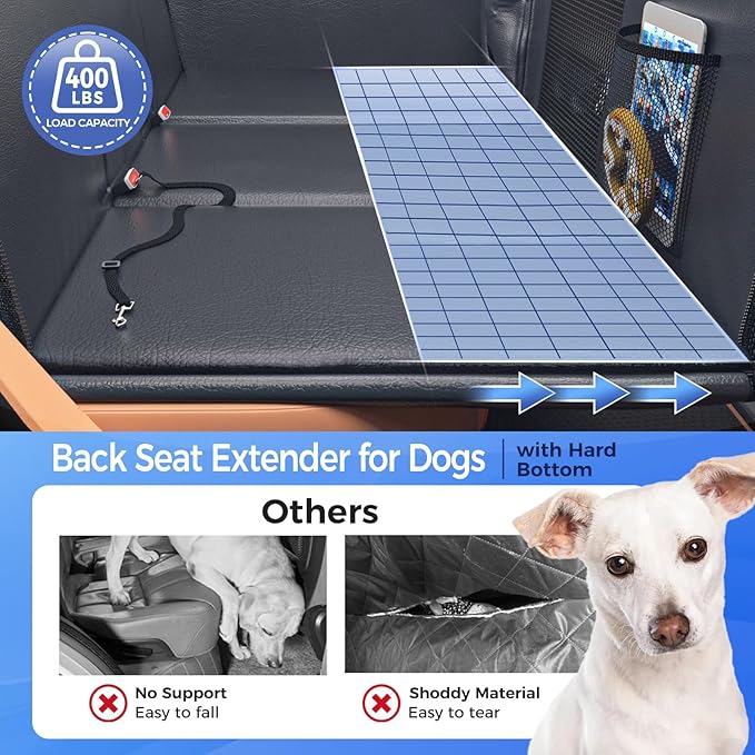 Back Seat Extender for Dogs,Hard Bottom Car Seat Cover,100% Waterproof 600D Heavy Durable Scratchproof Leather Car Dog Cover Back Seat,Non Slip Easy Clean Car Seat Protector,with Storage Bag-PawvioPets