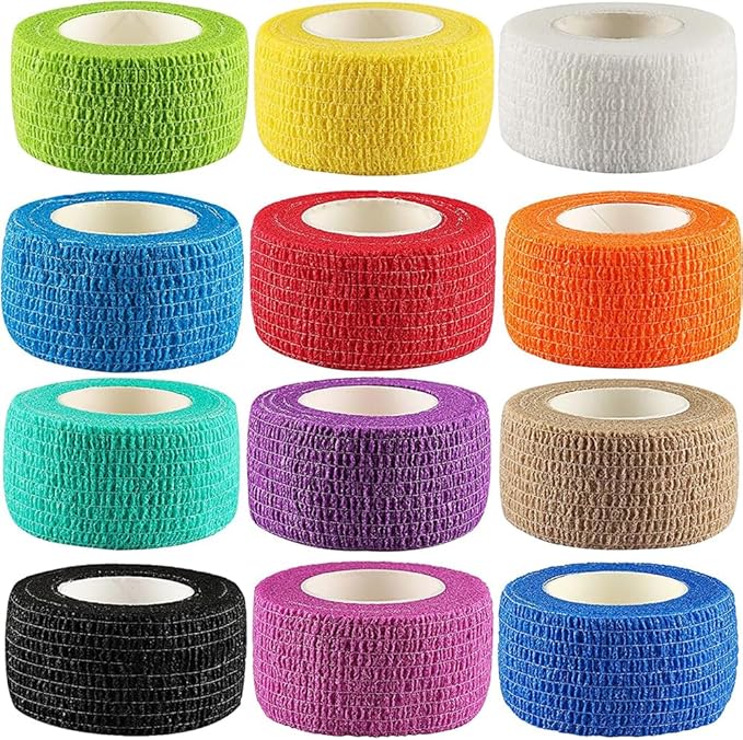 12Pack 1” x 5 Yards Self Adhesive Bandage Wrap, Elastic Self Breathable Self Adherent Wrap for Pets, Athletic Cohesive Bandage for First Aid, Sports Injury & Protection, 12Color-PawvioPets