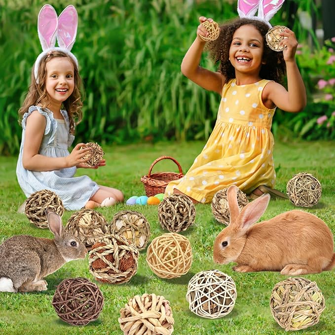 Bunny Chew Grass Balls, Rolling Chew Toys for Small Animals, Improving Dental Health, Natural Chew Grass Toys for Rabbits, Guinea Pigs, Chinchillas, Hamsters, Mice (16 Pcs)-PawvioPets