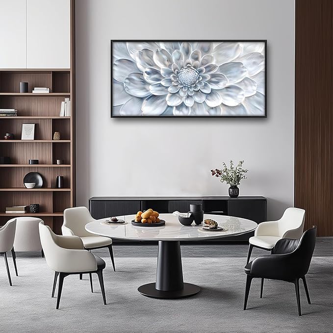 Abstract Flower Large Wall Art White Silver Floral Pictures Wall Decor Neutral Canvas Print Painting Artwork for Bathroom Living Room Bedroom 60L" x 30W"-PawvioPets