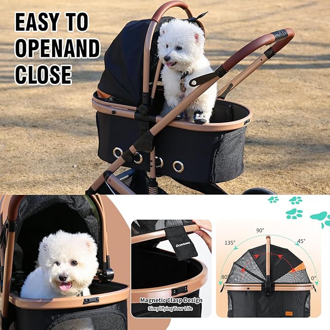 EchoSmile 4 in 1 Pet Stroller, Folding Lightweight Cat & Dog Stroller with Detachable Carrier, NO-Zip 180° Reversible Canopy, All Terrain 4-Wheel,45 lbs Capacity for Small to Medium Dogs-PawvioPets