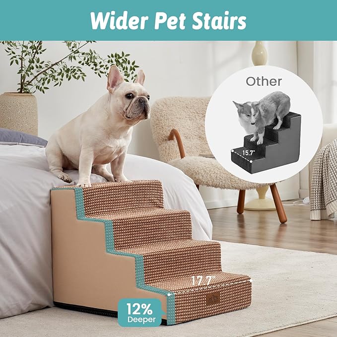 Dog Stairs for Small Dogs, 4 Tier Wider Pet Stairs for Couch and Beds, 17.7" H Non-Slip Dog Steps for Old Cats, Puppy, Small Medium Dogs, 17.7x23.6x17.7 inch, Light Brown-PawvioPets