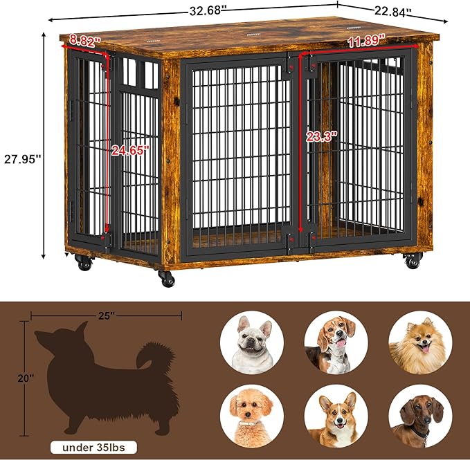 EasyCom 90% Pre-Assembled 33" Small and Meidum Dog Kennel Indoor Furniture, Wooden Dog Crate Furniture with Top-Access Teasing/Feeding Doors, for Medium and Small Breed, with Wheels Moveable-PawvioPets