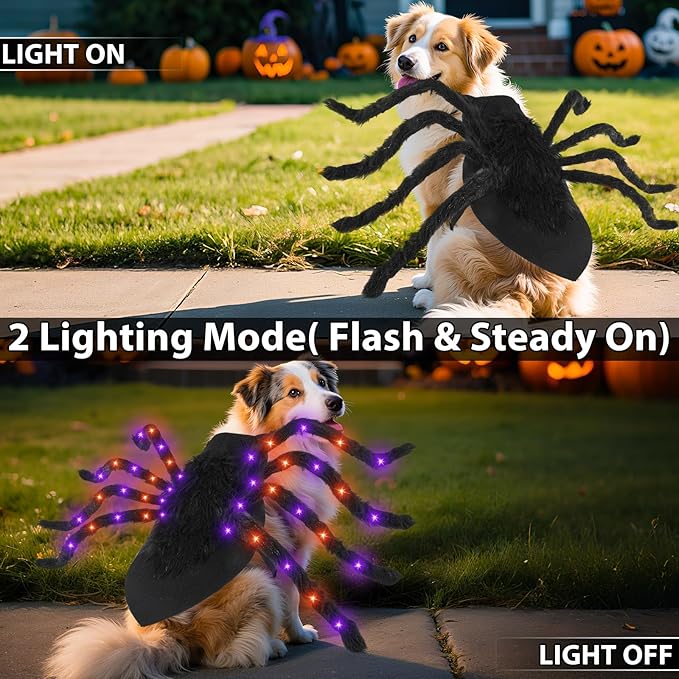 Camlinbo 24 LED Spider Dog Halloween Costume for Small Medium Large Dogs, Furry Giant Spider with Orange Purple Lights Puppy Pet Costume Outfits Clothes Funny Halloween Costume Party Cosplay-PawvioPets