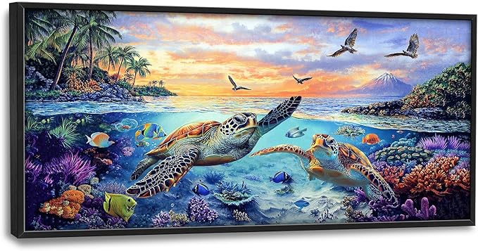 Framed Large Sea Turtle Wall Art for Living Room, Oversized Ocean Turtle Wall Decor Seascape Underwater Marine Life Canvas Painting Home Decoration for Living Room Bedroom Office 60"x30"-PawvioPets