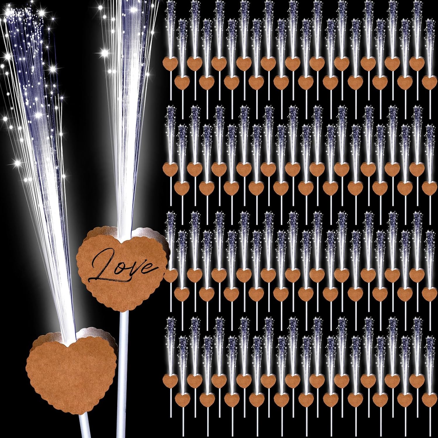 100 Pcs Wedding Sparklers Heart Shaped LED Glow Sticks Fiber Optic Wands Light up Wand with 3 Light Mode for Wedding Bridal Shower Birthday Glow in the Dark Party Supplies (Brown)