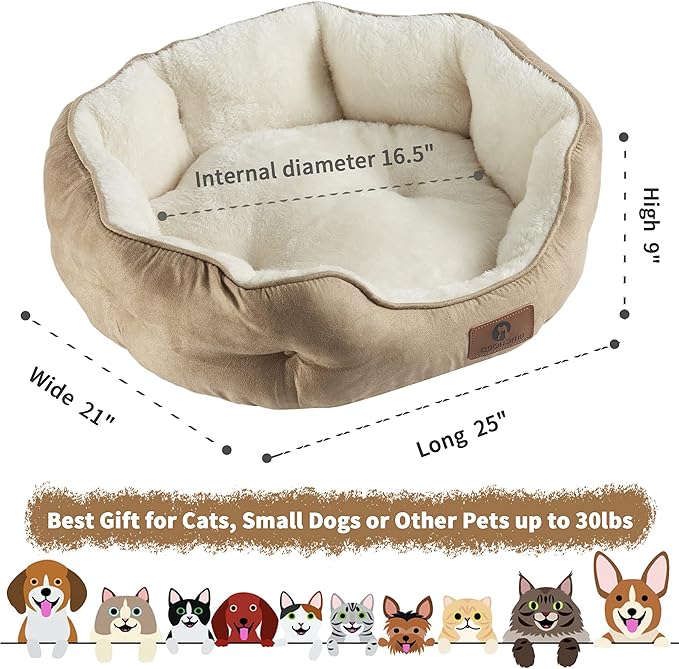 Asvin Medium Dog Bed for Medium Dogs, Cat Beds for Indoor Cats, Pet Bed for Puppy and Kitty, Extra Soft & Machine Washable with Anti-Slip & Water-Resistant Oxford Bottom, Light Brown, 25 inches-PawvioPets