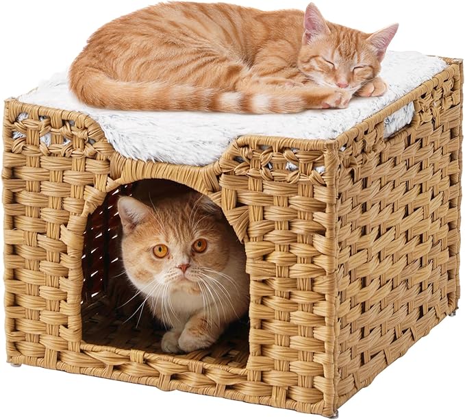 Cat Beds Indoor Kitten House, Handwoven Rattan Cat Cave Pet Cube, Large Cat Houses, One Bed Mat, Foldable, Hideaway, 16.5x16.5x13.2 Inches, 2 S-Shaped Hooks in Living Room Bedroom Natural-PawvioPets
