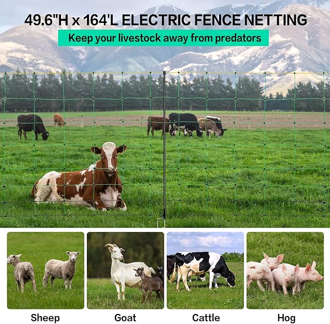 Electric Fence Netting, 49.6" H x 164' L, PE Net Fencing Kit with 14 Posts Double Spiked, Utility Portable Mesh for Sheep Hogs Goats Deer Dogs Lambs Used in Backyards Farms Ranches Patio, Green-PawvioPets