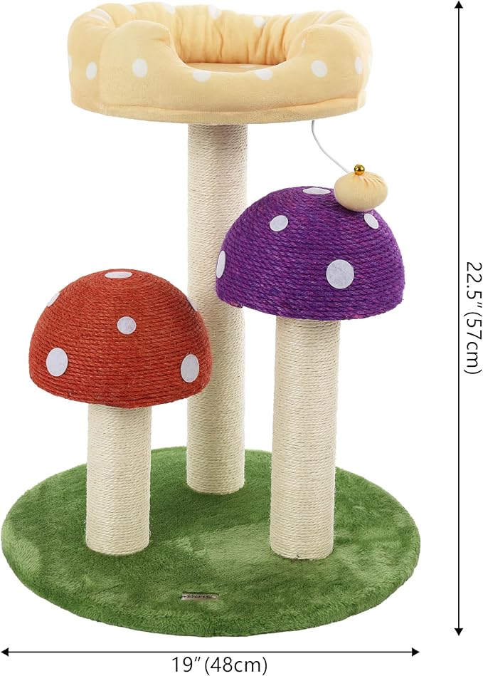 CTR1001A Pixie 22.5" 3-Tier Cottage Sisal Mushroom Cat Tree with Scratching Posts, Napping Perch, and Dangling Bell Toy, Multi-PawvioPets