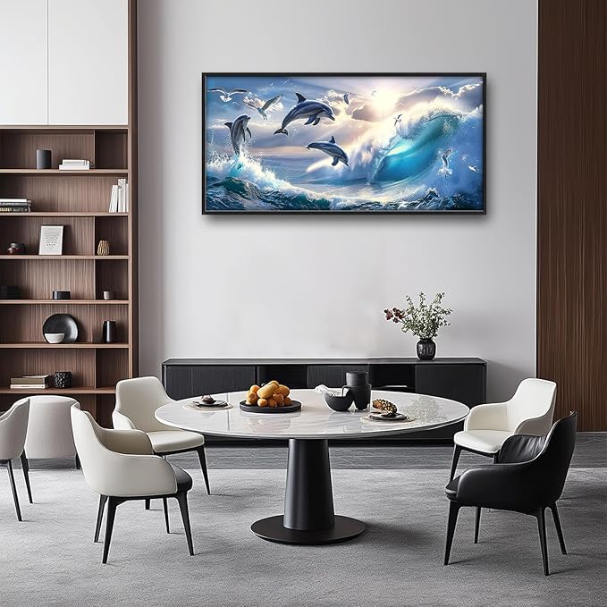 Dolphin Seagull Large Wall Art Sea Ocean Waves Sunrise Pictures Wall Decor Nautical Coastal Canvas Print Painting Artwork for Bathroom Living Room Bedroom 60L" x 30W"-PawvioPets