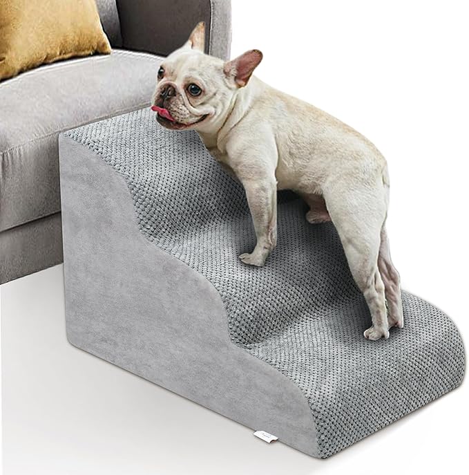 Dog Stairs for Small Dogs - High Density Foam Dog Ramp, Extra Wide Pet Steps with Non-Slip Bottom for High Beds, Couche and Sofa, Best for Dogs Injured, Older Doggy Cats (Grey, 3 Steps)-PawvioPets