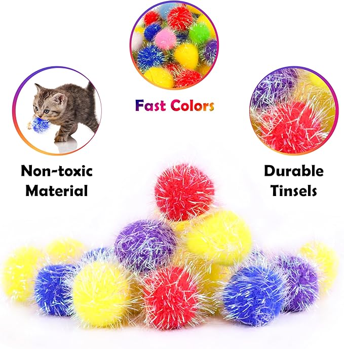 30 Pieces 1.6 inches Sparkle Pom Pom Balls for Cat - Interactive Glitter Balls, Multicolor, Best as Kitten Play Toys-PawvioPets