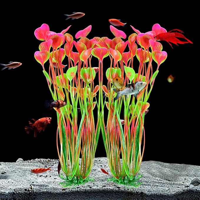 AQUANEAT Artificial Fish Tank Plants, Plastic Aquarium Accessories Large, 15.5 inch Pink Decorations, 2pcs-PawvioPets