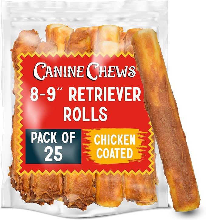 Canine Chews 8-9" Chicken Coated Dog Rawhide Retriever Rolls (25 Pack) - Chicken Rawhide Bones for Large Dogs - 100% USA-Sourced Chicken Coated Dog Rawhide Chews - Healthy Dog Dental Chew Rawhides-PawvioPets