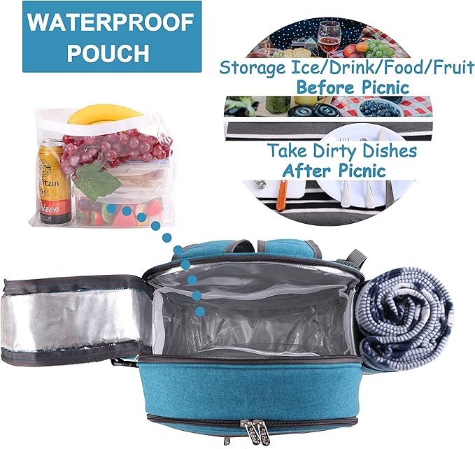 Apollo Walker Picnic Backpack Set for 2 Person with Cooler Compartment, Detachable Bottle/Wine Holder, Fleece Blanket, Plates and Cutlery Set (Teal)-PawvioPets