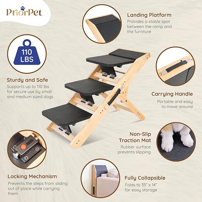 Dog Steps for Bed & Couch 2-in-1 Dog Stairs/Ramp - Height Adjustable Dog Ramp for Couch 7” - 20” - Pet Stairs, Dog Stairs for Small Dogs - Easy to Move Pet Steps with Landing Platform, Natural-PawvioPets