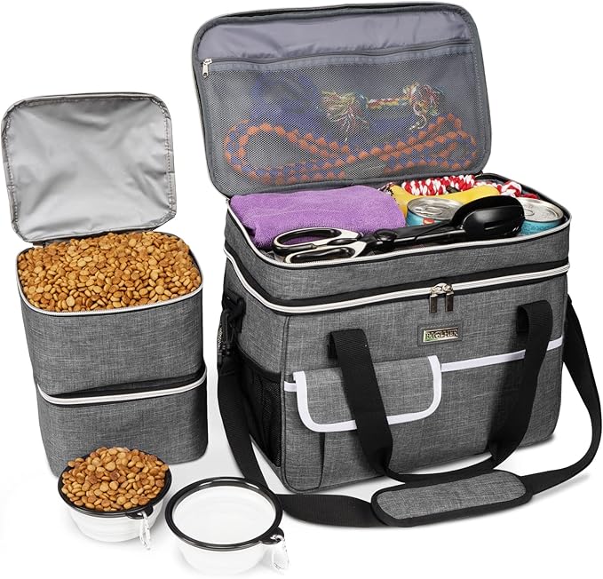 BAGLHER Dog Travel Bag for Supplies - Double-Layer Airline Approved Weekend Pet Travel Organizer Set for Dog and Cat Tote with 2 Pet Food Containers and 2 Collapsible Silicone Bowls Grey-PawvioPets