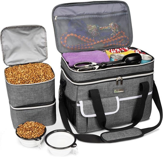 BAGLHER Dog Travel Bag for Supplies - Double-Layer Airline Approved Weekend Pet Travel Organizer Set for Dog and Cat Tote with 2 Pet Food Containers and 2 Collapsible Silicone Bowls Grey-PawvioPets