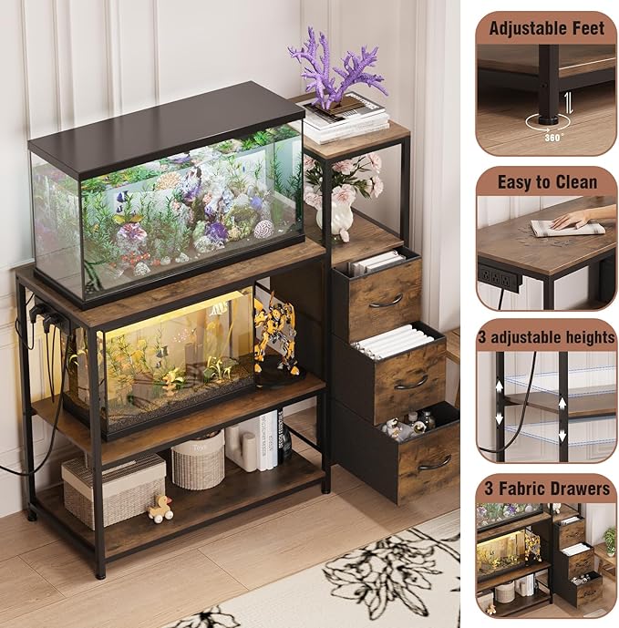 20 Gallon Aquarium Stand with Power Outlets Fish Tank Stand with 3 Drawers Metal Frame Heavy Duty Reptile Tank Stand with 3-Tier Storage Shelves,Left/Right Assembly, Adjustment Height-PawvioPets