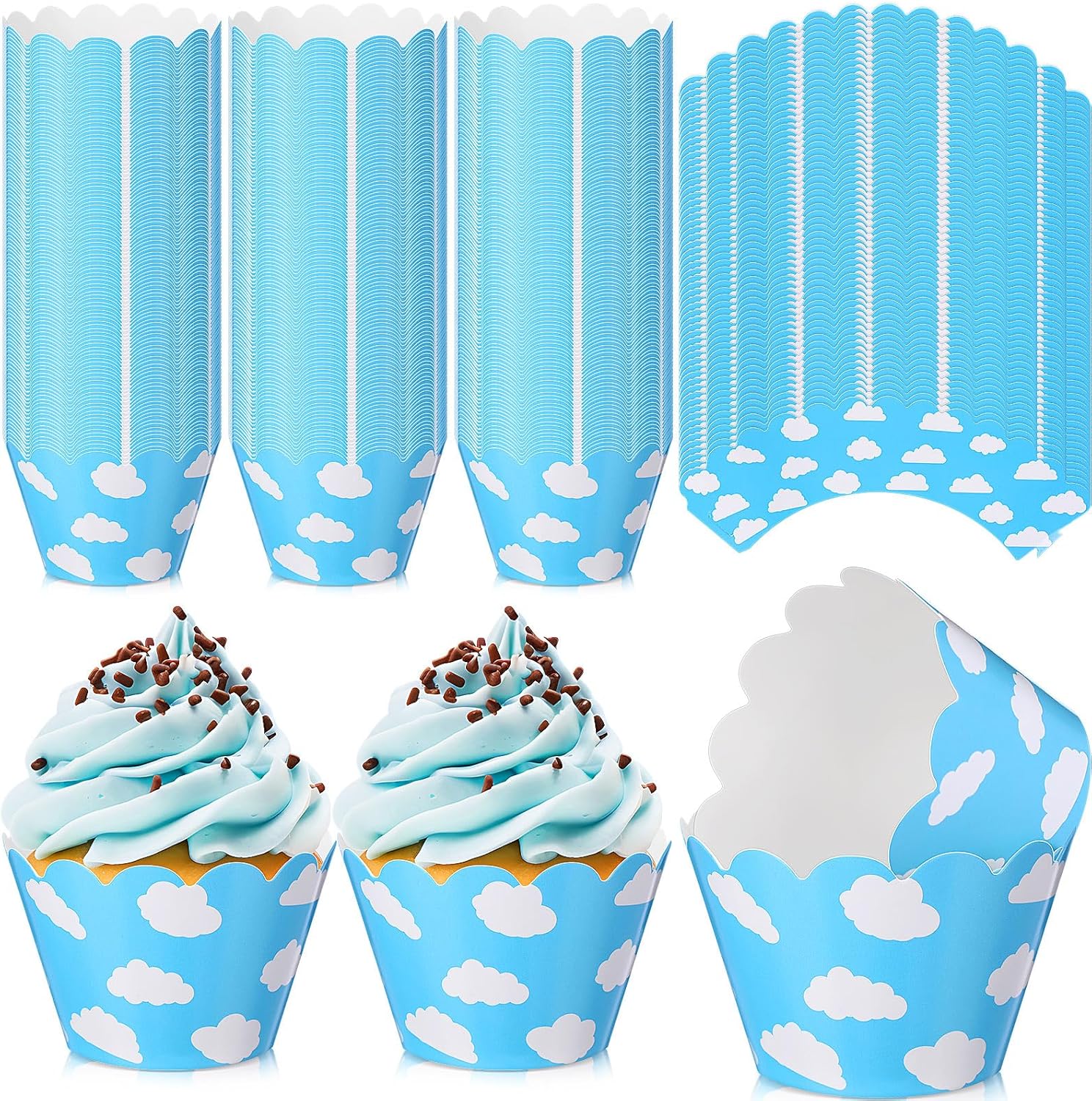Domensi 100 Pcs Sky Clouds Blue Party Cupcake Wrappers Cloud Cupcake Liners Baking Cups Baking Liners for Spring Summer Wedding Bridal Baby Shower Birthday Party Supplies Dessert Decoration