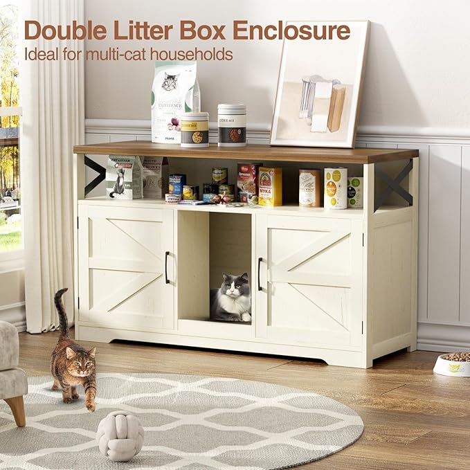 Cat Litter Box Enclosure for 2 Cats, 47" Double Hidden Litter Box Furniture with Scratch Pad, Farmhouse Indoor Litter Box Cabinet Cat Washroom, White-PawvioPets